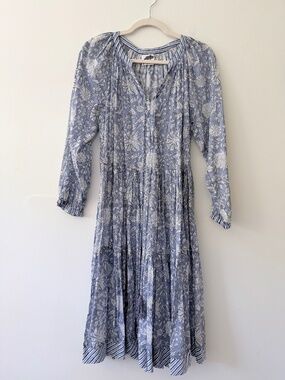 Be Bindaas Block Print Tissue Weight Cotton Bohemian Tiered Midi Dress Tassels